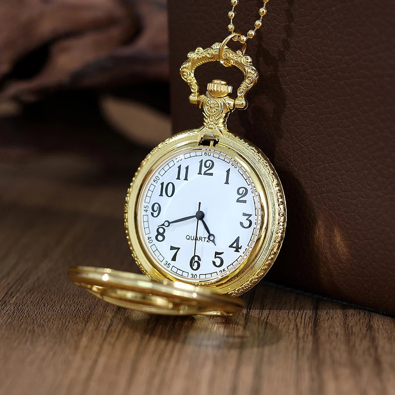 Fashion Gold Skull Head Hollow Out Quartz Pocket Watch with Necklace Chain Pendant Gift for Male Men Vintage Clock