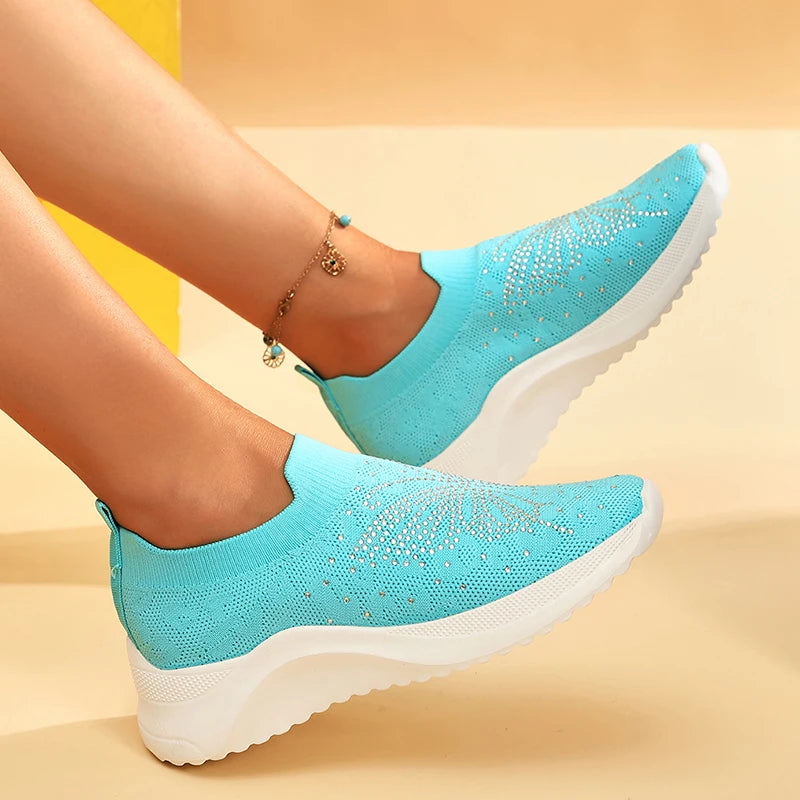 Rhinestone Butterfly Knitting Sneakers Women Platform Breathable Mesh Walking Shoes Woman Fashion Elastic Slip On Sock Sneakers