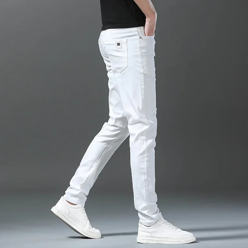 2024 Spring Summer New 98%Cotton Men's Slim Jeans Straight Casual Fashion Pencil Pants High Quality Trousers Male Clothes White