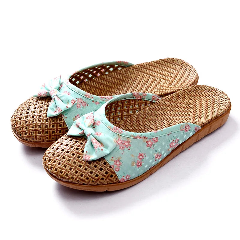 Women for Shose Slippers Summer Beach Flip Flops Breathable Linen Flat Slippers Female Casual Flax Bow Ladies Men Sandals