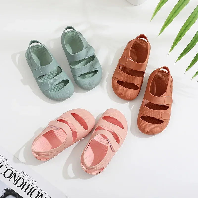 Children Sandals Hollow Out Closed Toe Beach Shoes Breathable Candy Color Roman Sandals for Boys Girls Soft Non-slip Kids Shoes