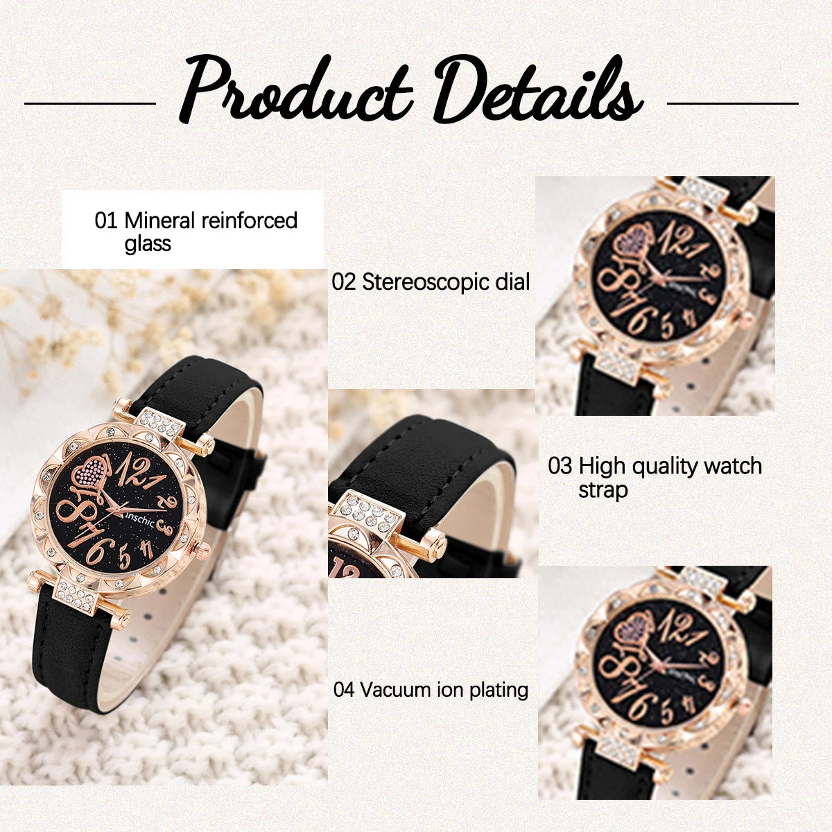 Women Luxury Watch Ring Necklace Earrings Rhinestone Love Dial Fashion Wristwatch Female Casual Ladies Watches Set Clock