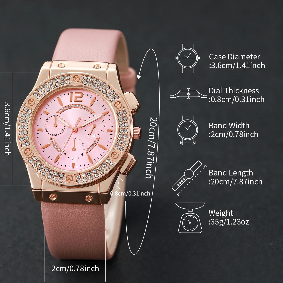 6PCS/Set Fashion Rhinestone Women's Watch Leather Band Analog Quartz Watches Heart Jewelry Set（Without Box）