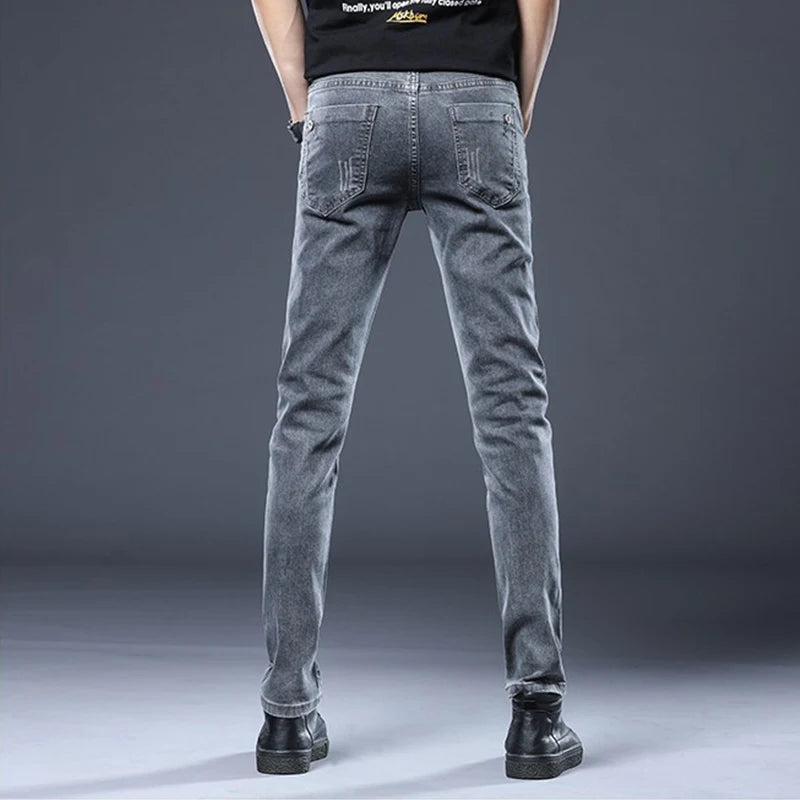 2024 New Gray Jeans Men's Slim Elastic Korean Fashion Vintage Casual Skinny Feet Male Clothing Denim Trousers 27-36