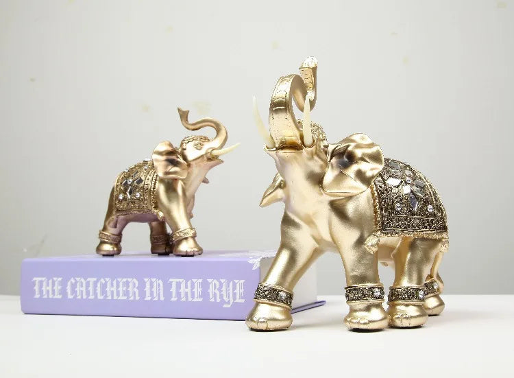 Golden Resin Elephant Statue Feng Shui Elegant Elephant Trunk Sculpture Lucky Wealth Figurine Crafts Ornaments For Home Decor