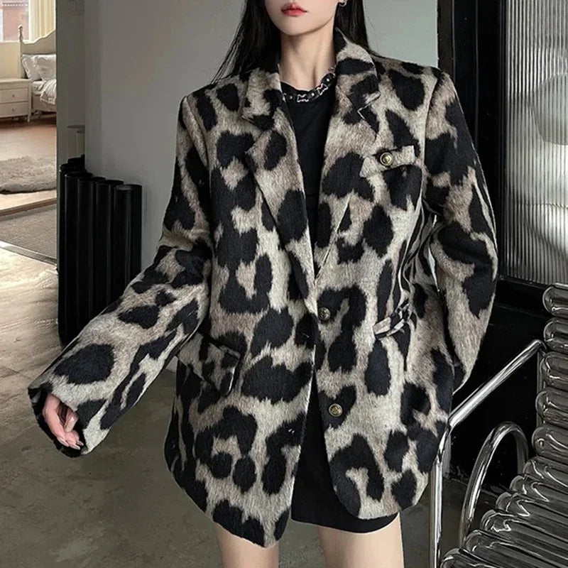 Leopard Print Women Jacket Autumn Winter Chic Office Lady Coat 2024 New Vintage Fashion Long Sleeve Pocket Female Blazers Jacket