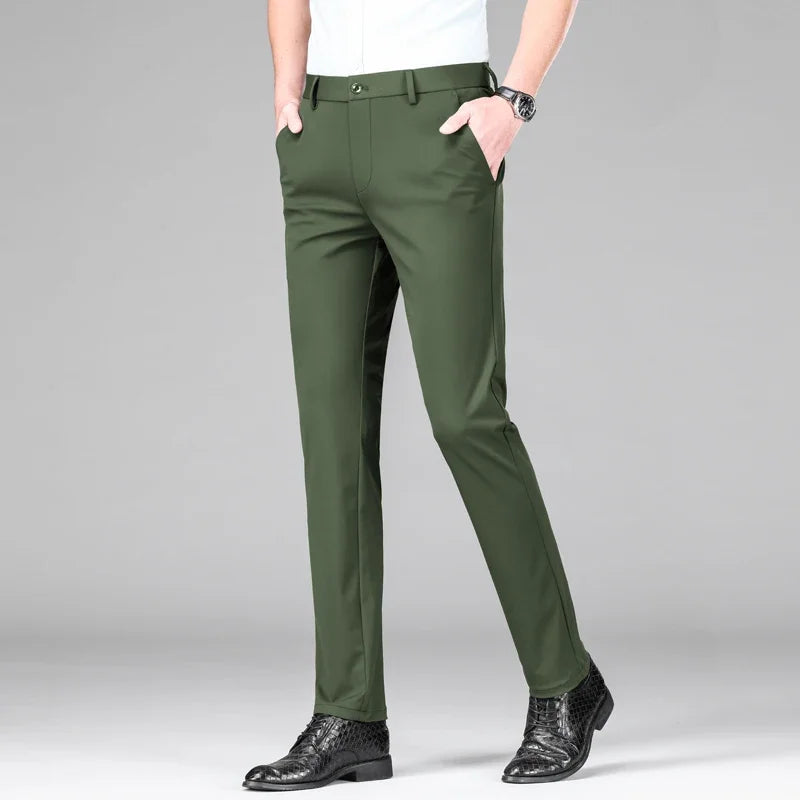 New Summer Men's Ice Silk High Stretch Business Suit Pants Male Army Green Blue Elastic Formal Office Straight Formal Trousers