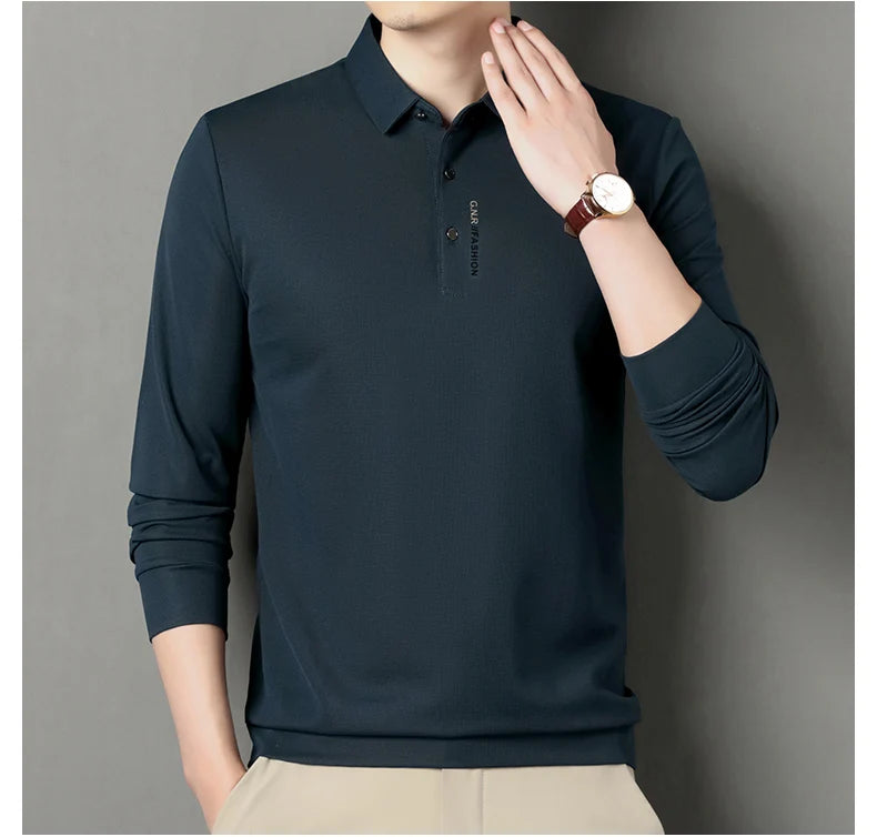 2024 Autumn New Men's Long-sleeved Polo Shirt Business Casual Slim Elastic Top Fashion Classic Solid Color Male Brand Tees