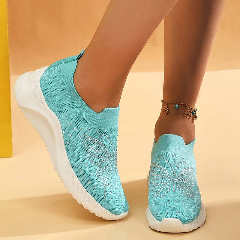 Rhinestone Butterfly Knitting Sneakers Women Platform Breathable Mesh Walking Shoes Woman Fashion Elastic Slip On Sock Sneakers