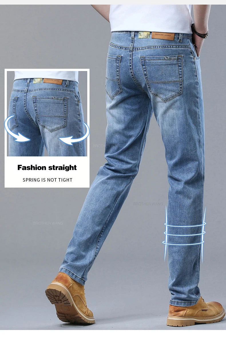 2024 Spring and Summer Thin Men's Light Blue Jeans Classic Style Business Fashion Stretch Fabric Straight Pants Male Brand