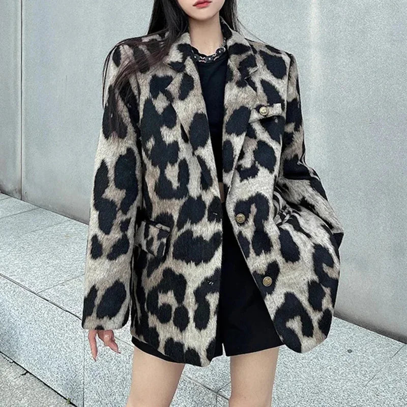 Leopard Print Women Jacket Autumn Winter Chic Office Lady Coat 2024 New Vintage Fashion Long Sleeve Pocket Female Blazers Jacket