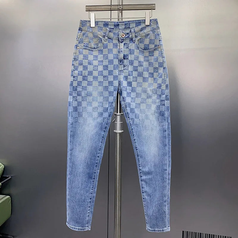 New Jeans Men'S Plaid Print Straight Fit Men'S Pants Blue Fashion Designer Casual Everything With Street Cotton Denim Pants