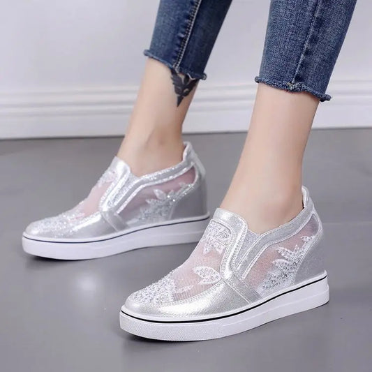 Comfortable Women Loafers Shoes Lace Slip On Walking Shoes White Sneakers Casual Shoes Ballet Flats Platform Shoes Rhinestone