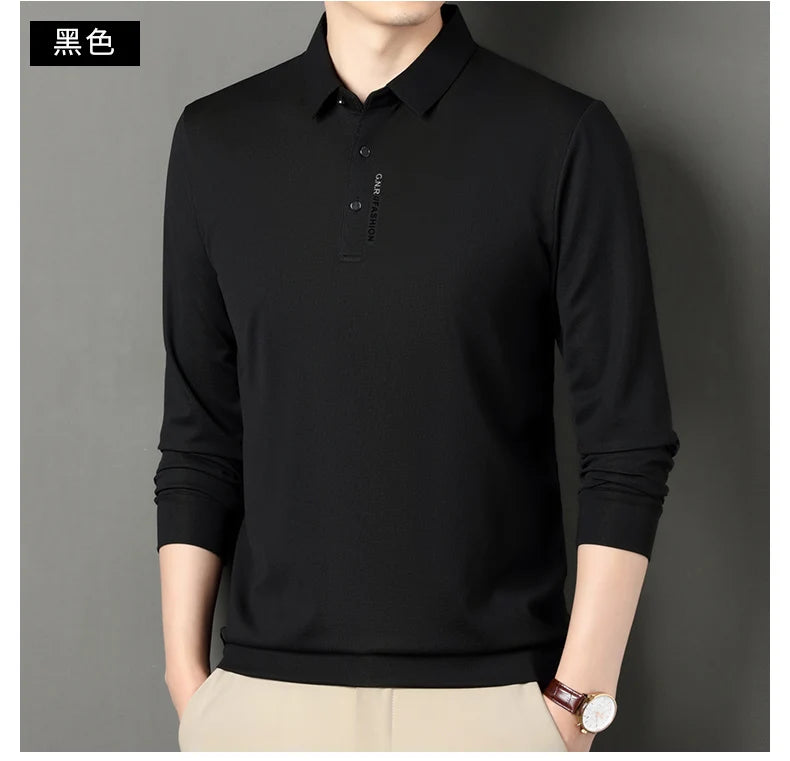 2024 Autumn New Men's Long-sleeved Polo Shirt Business Casual Slim Elastic Top Fashion Classic Solid Color Male Brand Tees