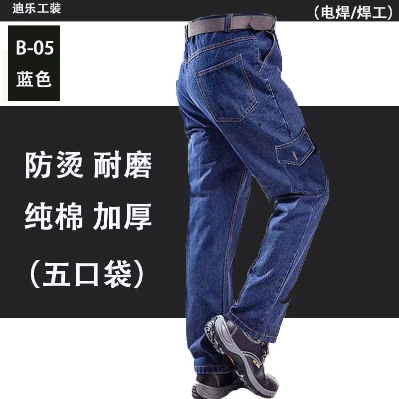 Overalls Pants Men's Clothing Trousers Wear-Resistant Anti-Scald Thickening Cotton Workwear Denim Work Pants Multiple pockets