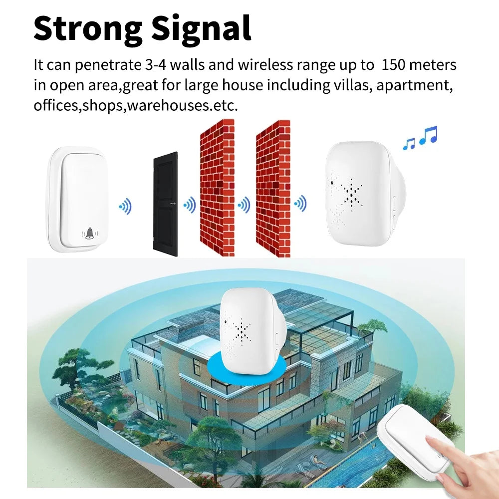 RF433MHz No Battery Homehold Wireless Self-Powered Waterproof Door Bell 150M Range Large Volume Remote Control Kinetic Doorbell