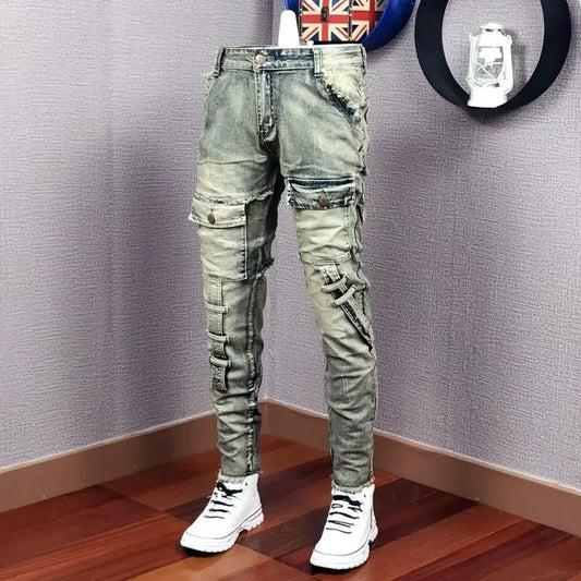 Autumn Winter 2022 New Broken Denim Jean Men's Patch Slim Feet Fashion Retro Cargo Pants Vintage Pantalon Skinny Homme Jeans