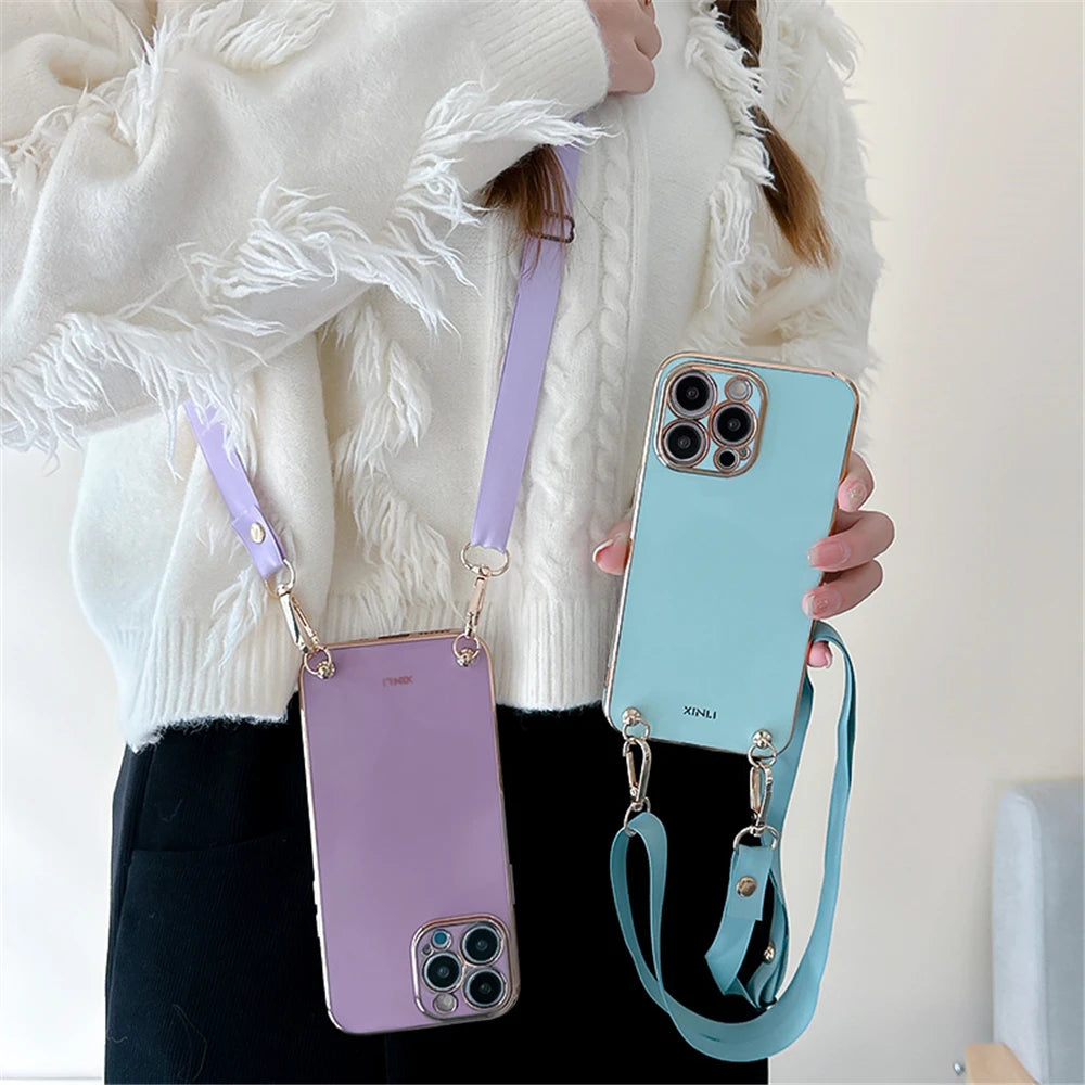 Crossbody Lanyard Plating Phone Case for Xiaomi Redmi 12 4G 12C 10C 10 10A 9C 9A 9T 9 8 8A A1 Plus Soft Silicon Strap Back Cover