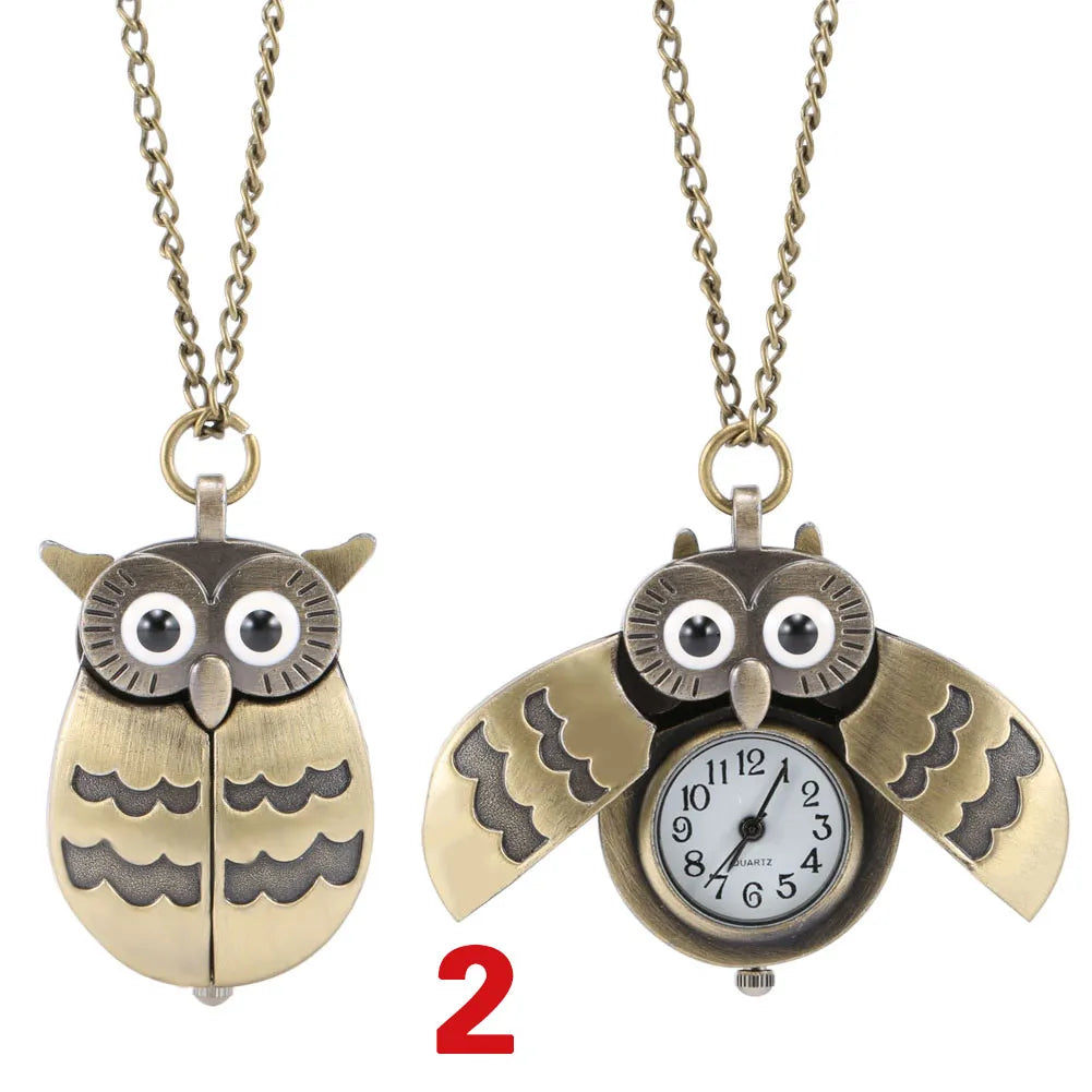 Fashion Vintage Men Women  Alloy Retro Owl Shape Clock Pendant Long Necklace Chain Watches Birthday Gifts