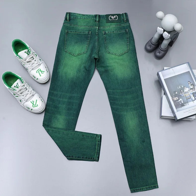 Emerald green jeans men's high-end affordable luxury fashion slim fit stretch personality all-matching straight long pants