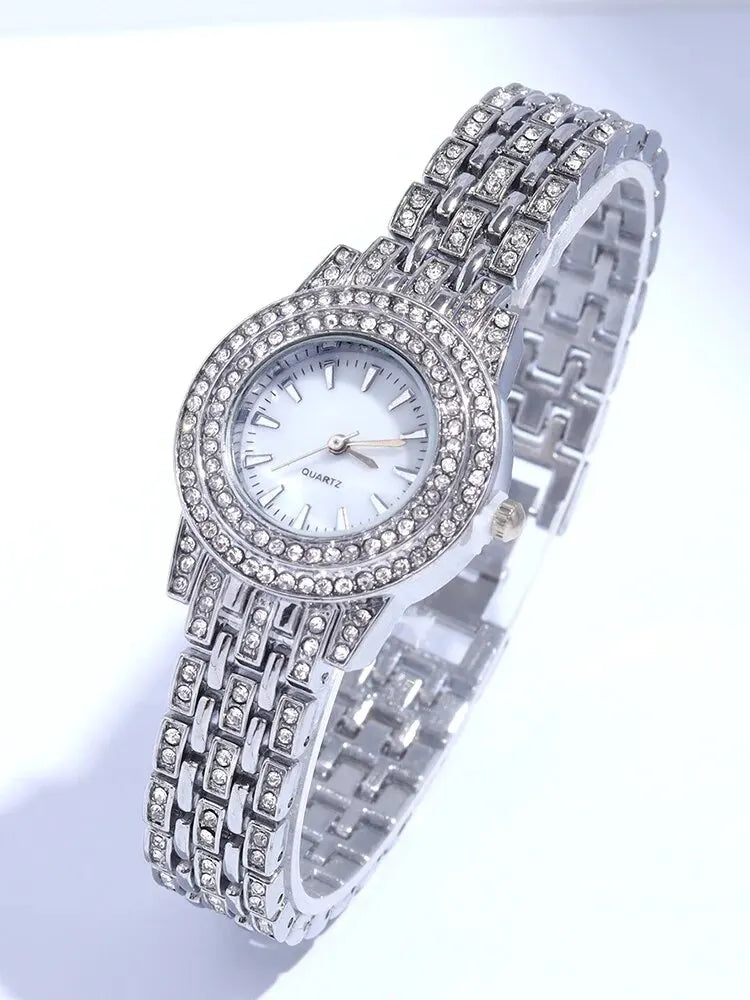 3PCs Women's Sparkling Round Diamond Band Quartz Watch+Bracelet Combination Set