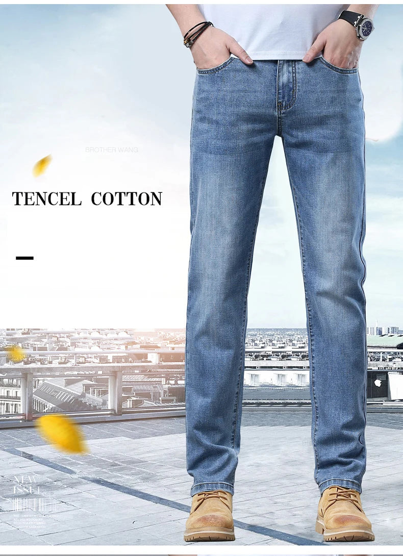 2024 Spring and Summer Thin Men's Light Blue Jeans Classic Style Business Fashion Stretch Fabric Straight Pants Male Brand