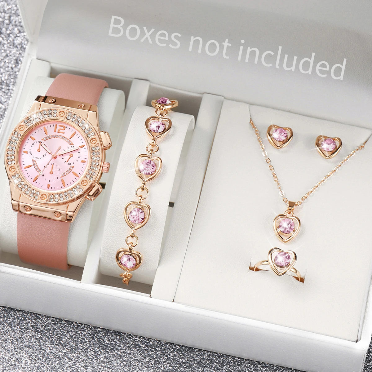 6PCS/Set Fashion Rhinestone Women's Watch Leather Band Analog Quartz Watches Heart Jewelry Set（Without Box）