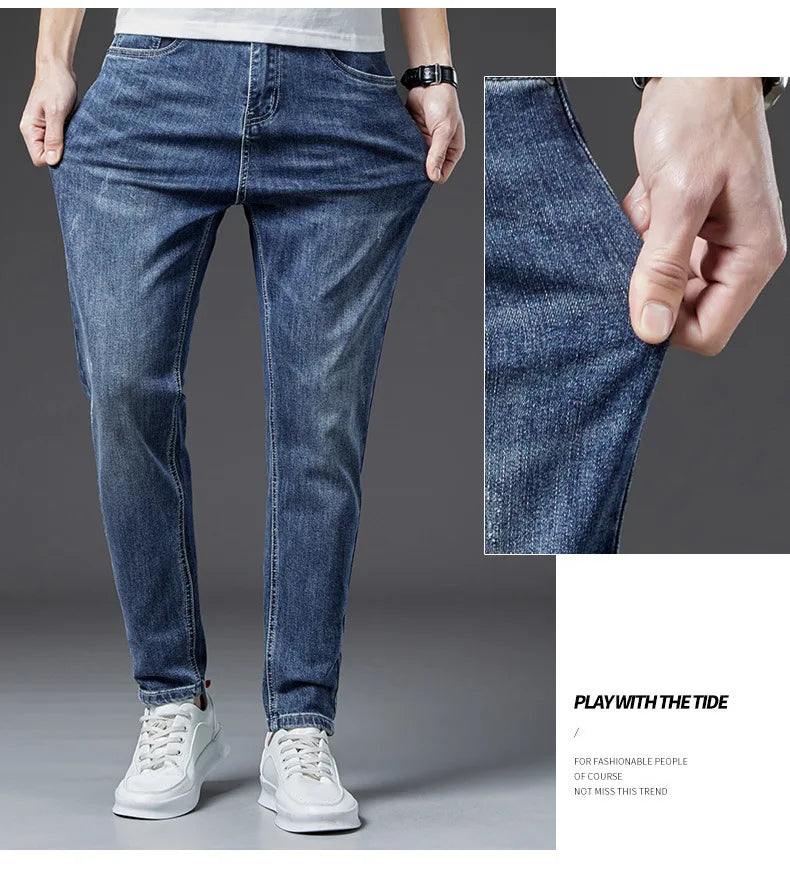 2024 Spring and Autumn New Simple Fashion Trend Solid Color Stretch Jeans Men's Business Casual Slim Comfortable Pants 28-38