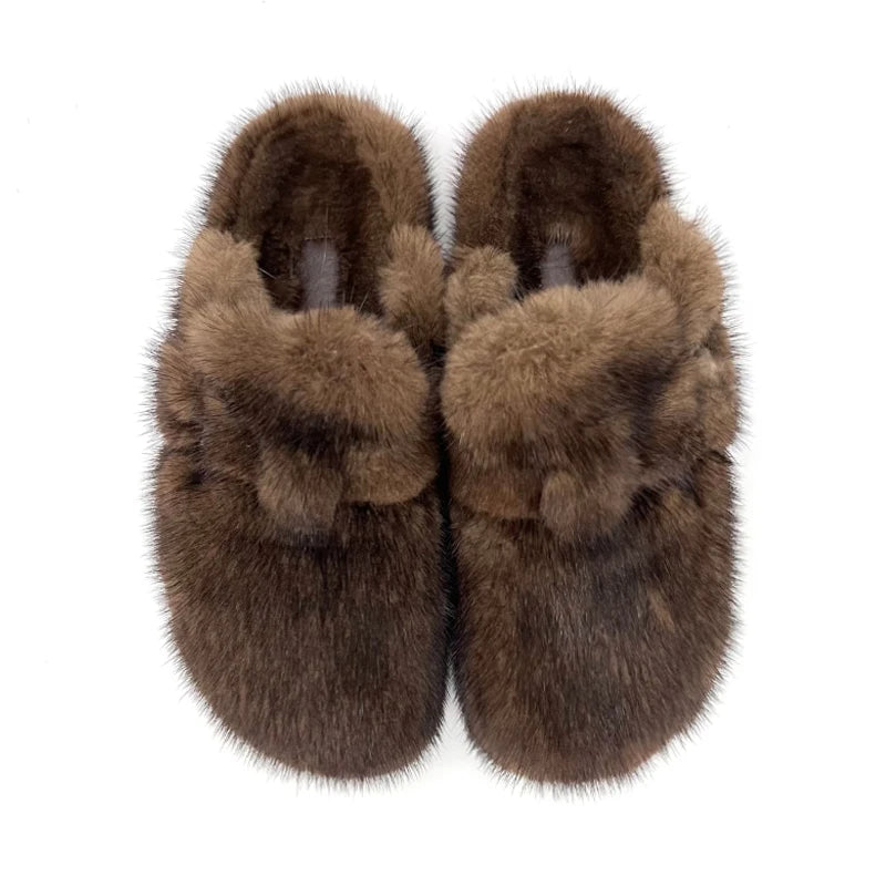 Real Leather Mink Fur Slippers Woman Luxury Flat Solid Color Horse Hair Round Toe Covered Toe Shoes Woman Designer Brand Casual