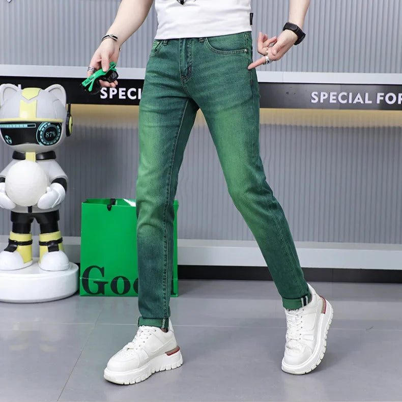 Emerald green jeans men's high-end affordable luxury fashion slim fit stretch personality all-matching straight long pants