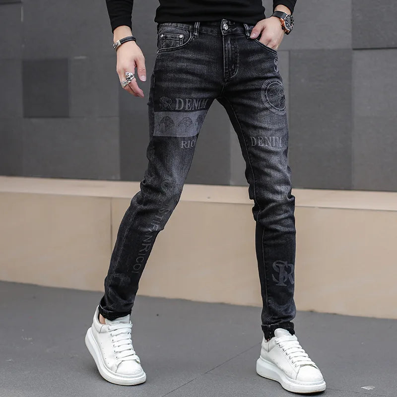 Black Jeans For Men Fashion High Street Slim Printing Denim Man Pants Autumn Stretchy Casual Biker High Quality Men's Clothing