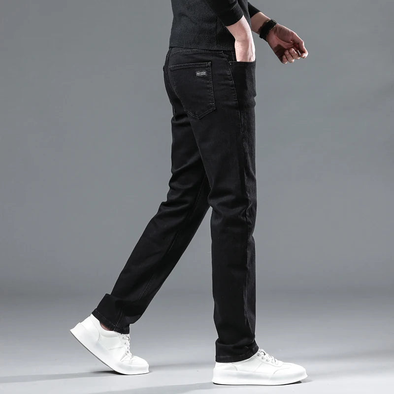 WTHINLEE Autumn Black Men Straight Jeans Business Casual Stretch Classic Denim Pants Regular Fit Comfortable Denim Trousers Male