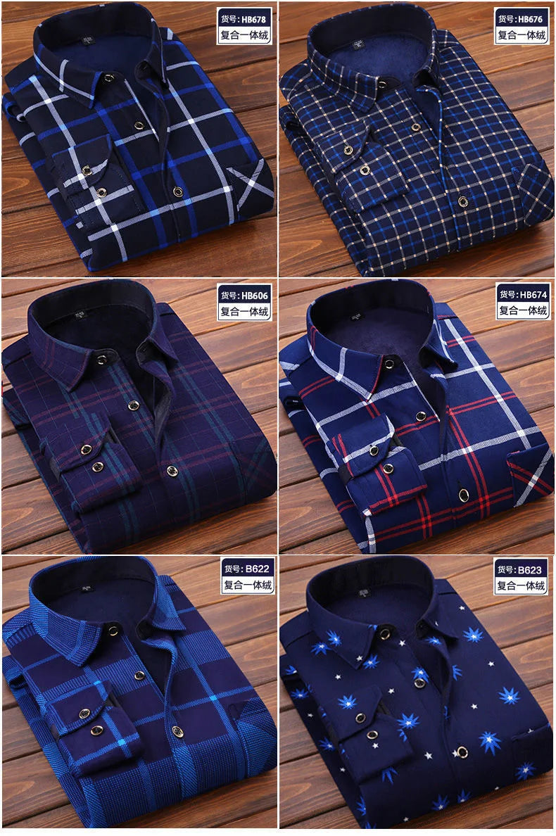 2024 Men's Autumn Winter Casual Fleece Plaid Shirt Fashion Soft Warm Turn Down Collar Long Sleeve Shirt Male High-Quality Tops