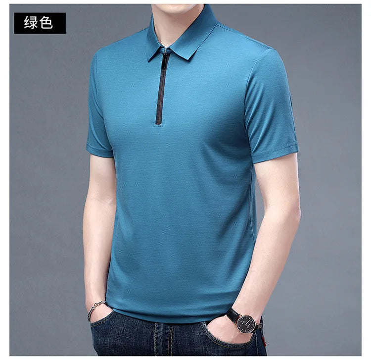 2023 Summer Men's Ice Silk Cool Polo Short Sleeve T-shirt Large Thin T-shirt Short Sleeve Polo Shirt Business Casual Shirt