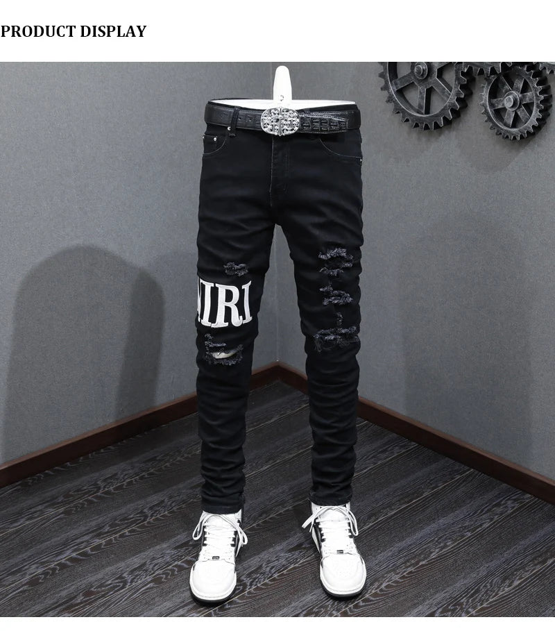 High street fashion new black men's jeans stretch slim fit retro washed embroidered jeans designer hip-hop brand pants hombre