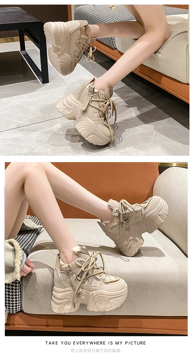 Women Walking Sneakers Autumn Lace-up High Platform Chunky Shoes Breathable Leather Shoes 10CM Winter Wedge Heels Casual Shoes