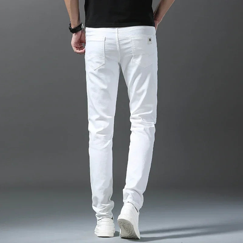 2024 Spring Summer New 98%Cotton Men's Slim Jeans Straight Casual Fashion Pencil Pants High Quality Trousers Male Clothes White