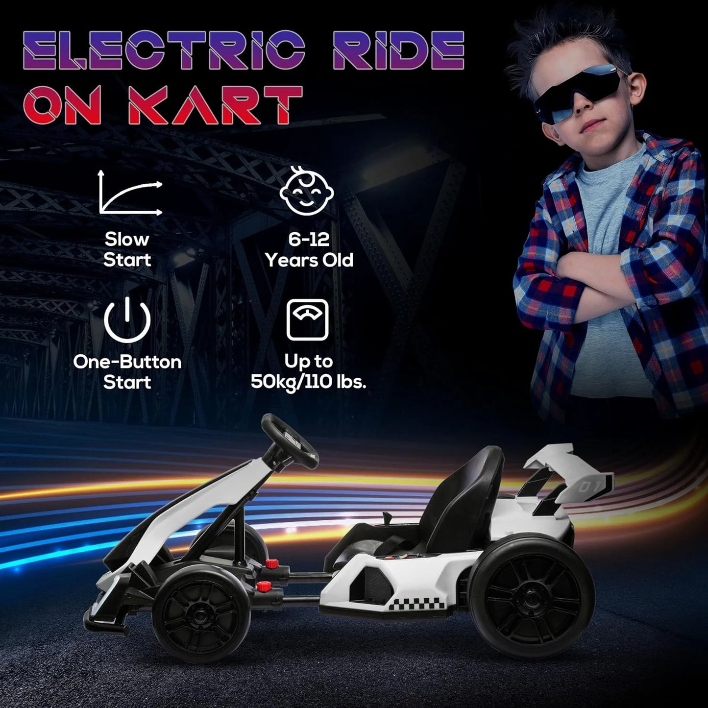 Electric Go Kart with Adjustable Seat, 24V 7.5 Drifting Car Battery Powered Ride on Toy Outdoor with Slow Start, Button Start