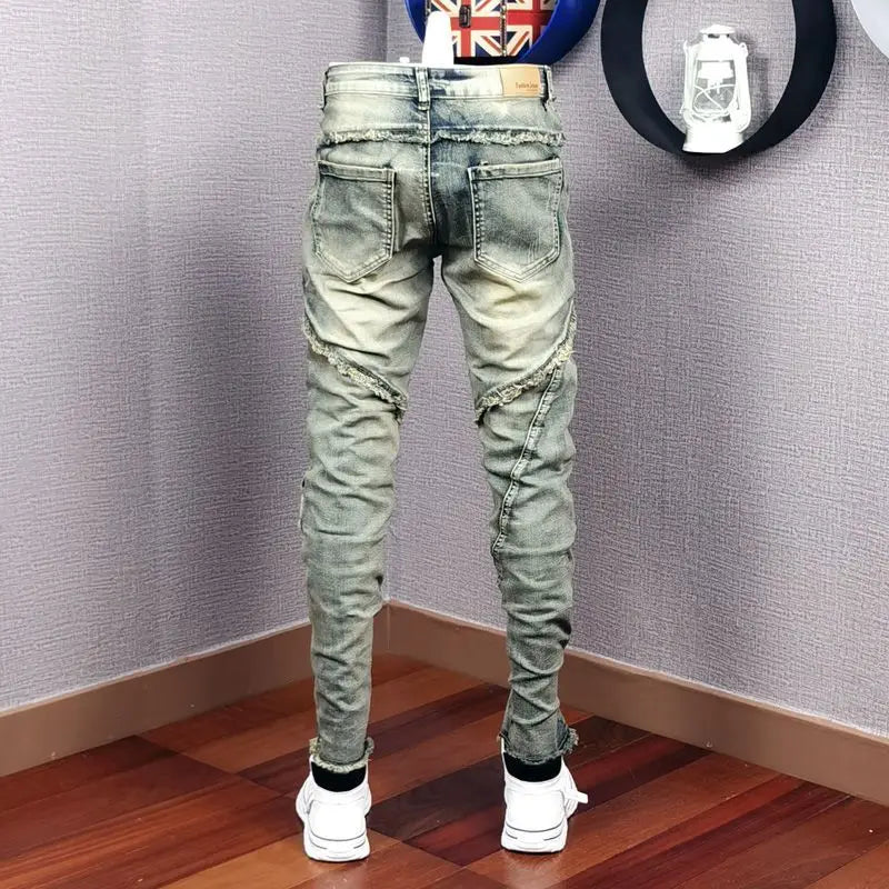 Autumn Winter 2022 New Broken Denim Jean Men's Patch Slim Feet Fashion Retro Cargo Pants Vintage Pantalon Skinny Homme Jeans