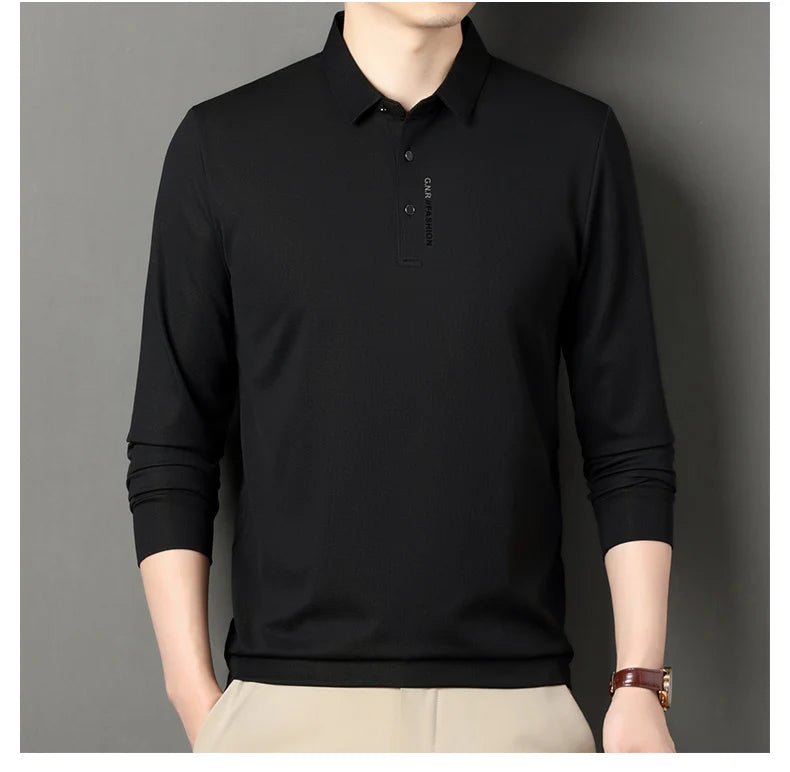 2024 Autumn New Men's Long-sleeved Polo Shirt Business Casual Slim Elastic Top Fashion Classic Solid Color Male Brand Tees