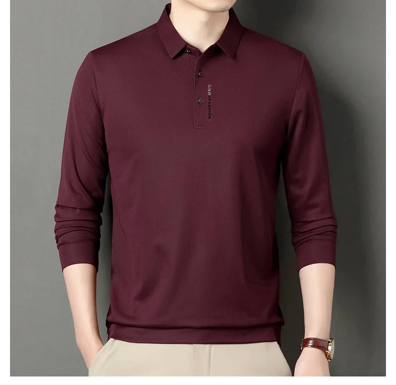 2024 Autumn New Men's Long-sleeved Polo Shirt Business Casual Slim Elastic Top Fashion Classic Solid Color Male Brand Tees