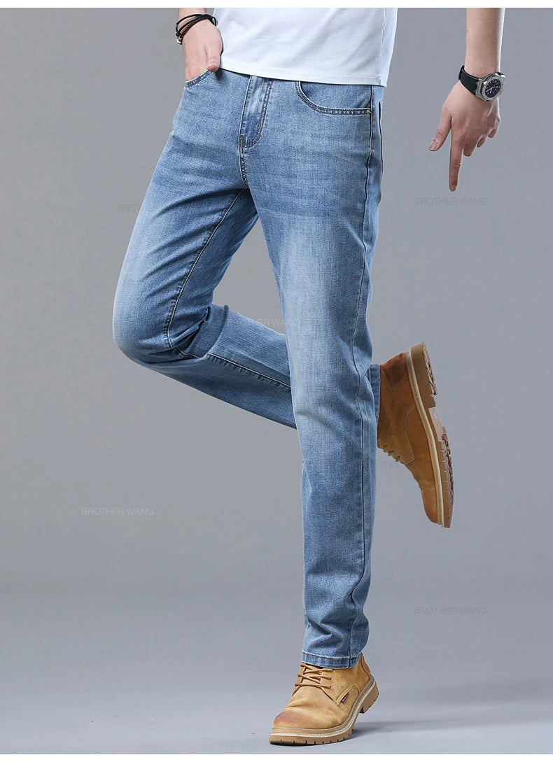 2024 Spring and Summer Thin Men's Light Blue Jeans Classic Style Business Fashion Stretch Fabric Straight Pants Male Brand