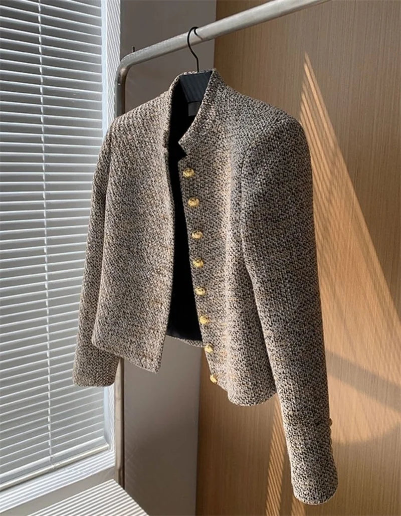 2024 Tweed Korea High Quality Short tweed jacket woman Korean Clothes Single-breasted  Lady Blazer All-match Casual Coat Tops