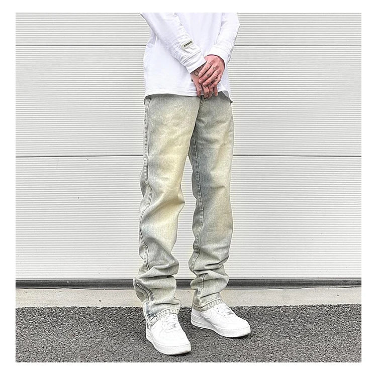 Streetwear Vibe Vintage Distressed Washed Trousers Jeans Yellow Mud Dyed Zipper Split Straight Jeans Men's and Women's Clothing