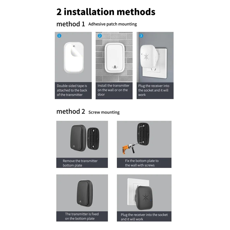 RF433MHz No Battery Homehold Wireless Self-Powered Waterproof Door Bell 150M Range Large Volume Remote Control Kinetic Doorbell