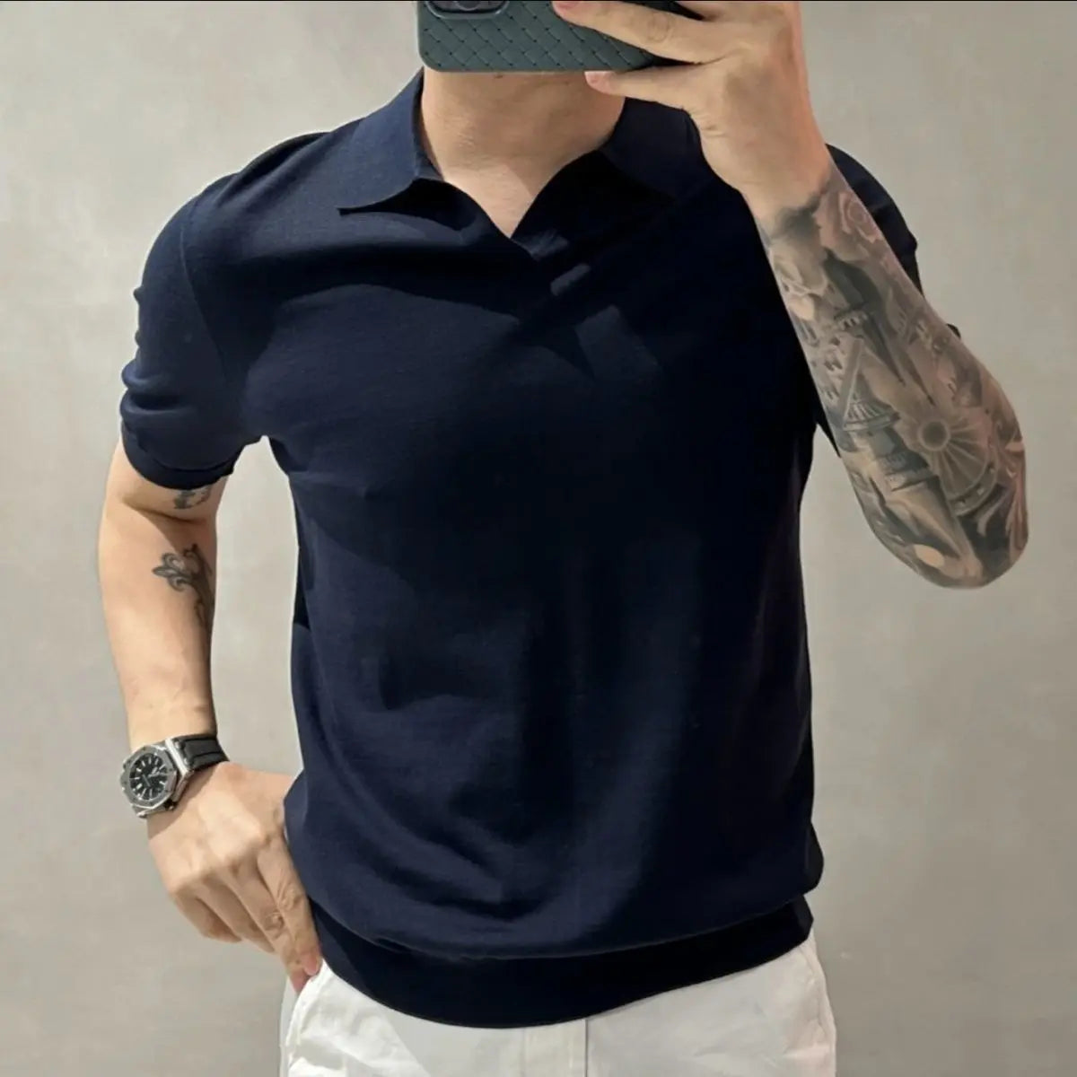 High Quality Fashion Simple Smart Casual Summer New Solid Thin Polo Shirt Men's Lapel Patchwork Versatile Short Sleeved Knit Top