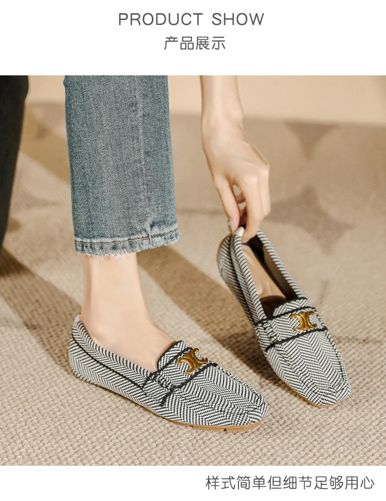 Women's Knitting Square Head Flat Shoes Soft Sole Comfortable Anti slip Casual Bean Causal Shoes 2024 Fashion New Spring