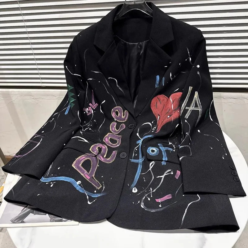 Spring Autumn New Colorful Letters Graffiti Pattern Loose Blazers Women Single-Breasted Suits Jacket Female Coat Streetwear W153