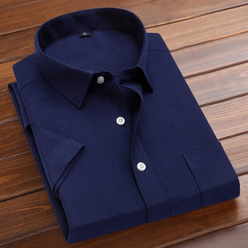 Plus Size 5XL-M Men's Short Sleeve Shirt Summer High-Quality Cotton Business Lapel Shirt New Casual Non Ironing Slim Solid Color