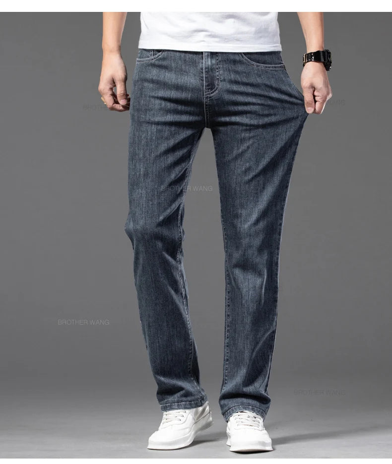 2024 Summer New Men's Thin Jeans Elastic Waist Loose Straight Comfortable Casual Denim Pants Brand Trousers Plus Size 42 44 46